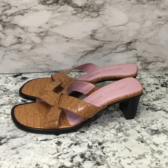 Antonio Melani Leather Tan Open Toe Mule/Slide W/Stack Block Heel - Picture 2 of 10